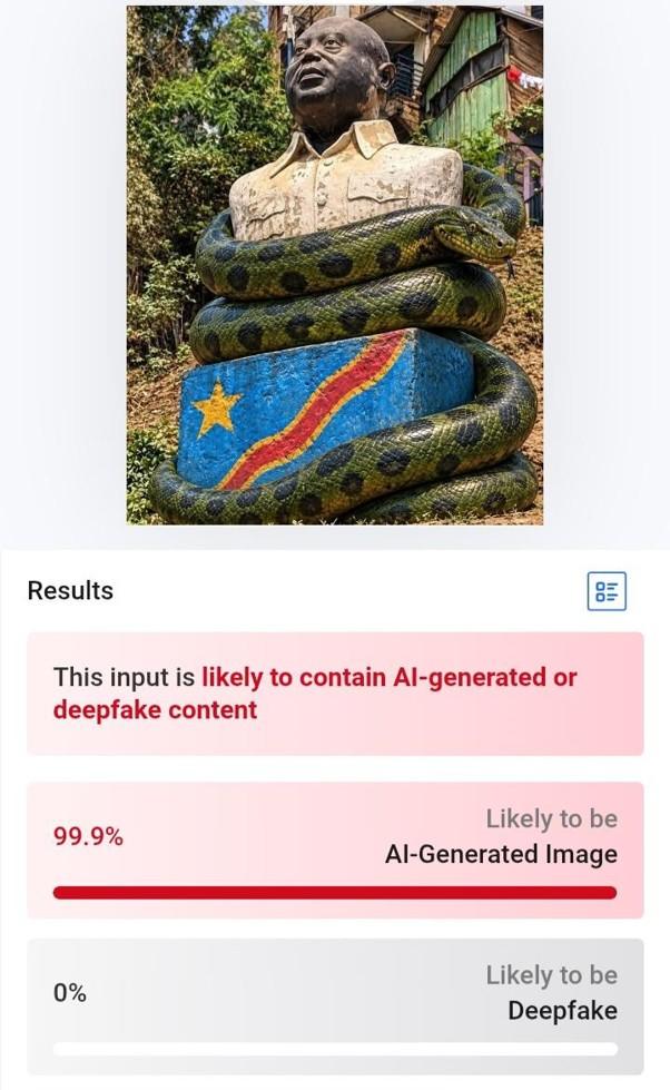 K2 Non, cette image ne montre pas un serpent autour de la statue de Laurent-Désiré Kabila à Bukavu : elle est générée par IA