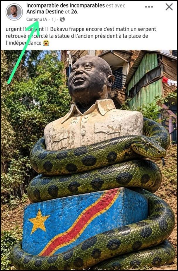 K5 Non, cette image ne montre pas un serpent autour de la statue de Laurent-Désiré Kabila à Bukavu : elle est générée par IA